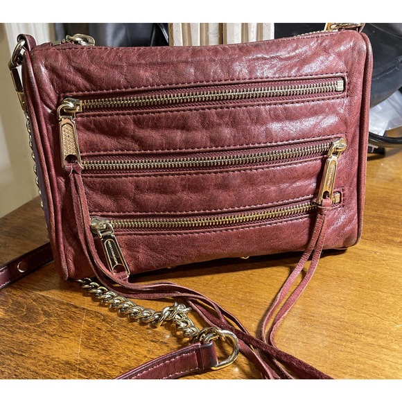 Rebecca Minkoff Handbags - Rebecca Minkoff Cross Body Purse 5 Zip Leather Maroon Studded Gold Chain Handle